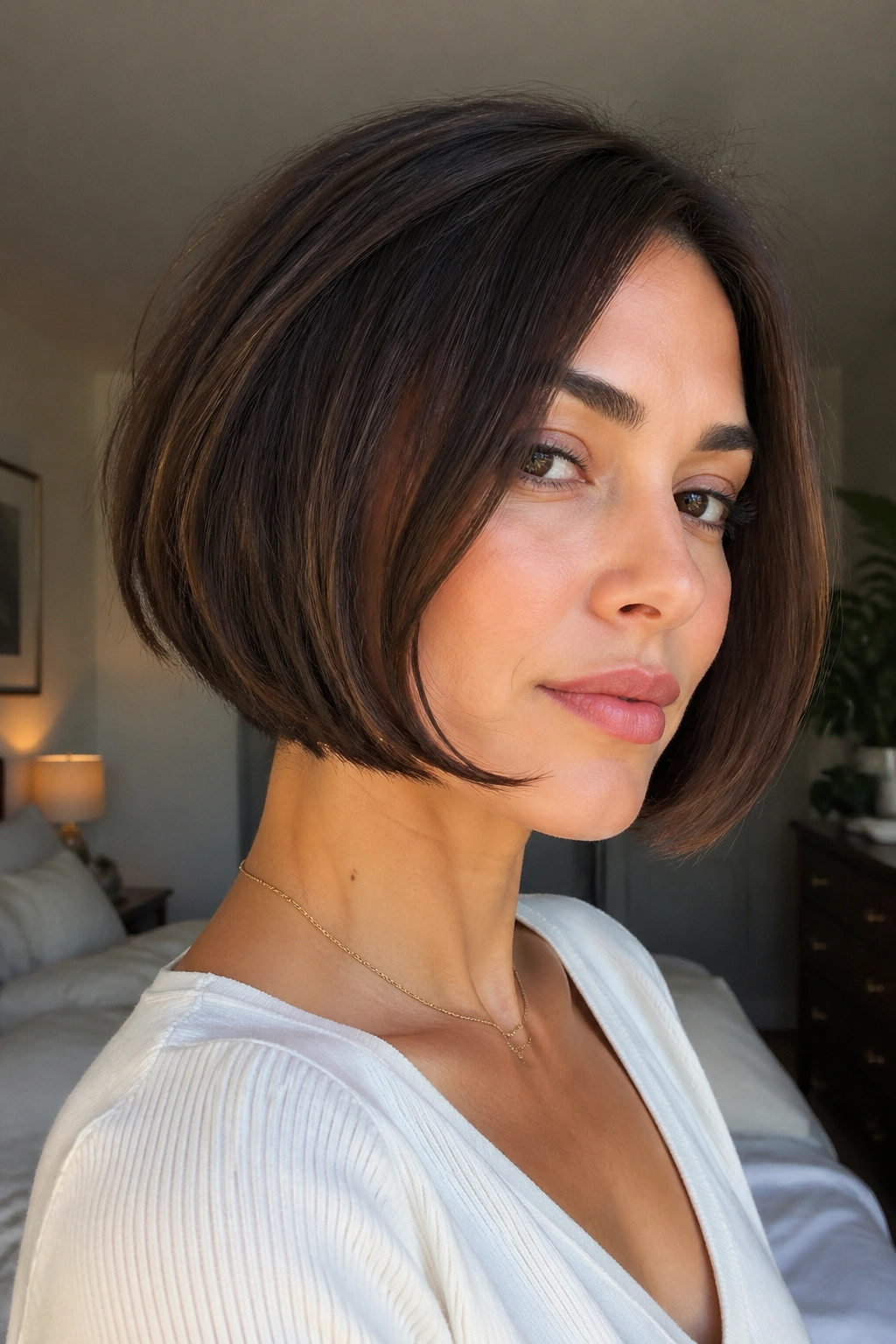 Close-up portrait of a real woman with a chin-grazing concave bob under natural window light