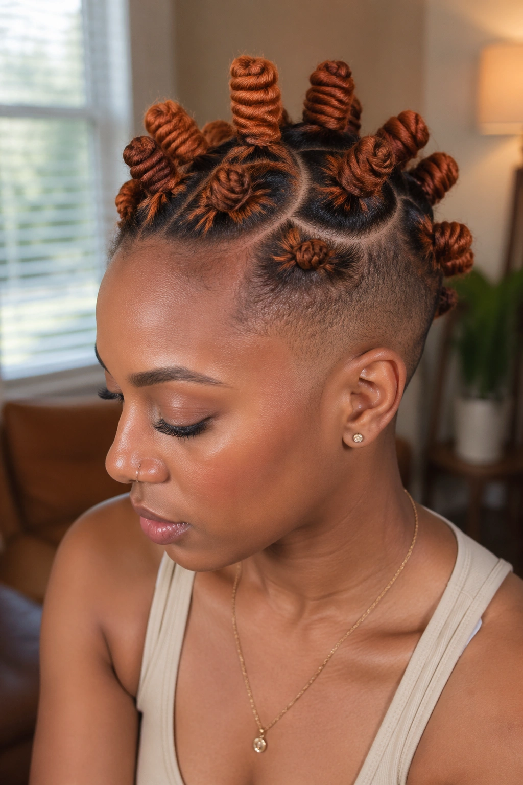 Close-up of a real person with copper Bantu knots and curved parts.