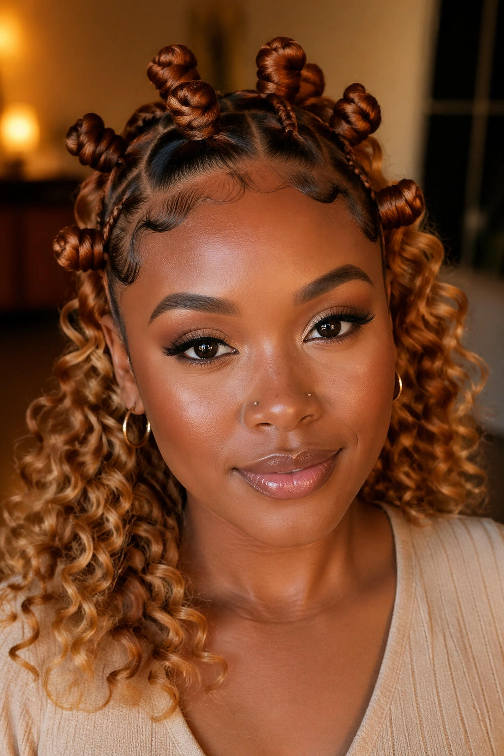 Close-up of copper-knotted hair with caramel ringlets on ends