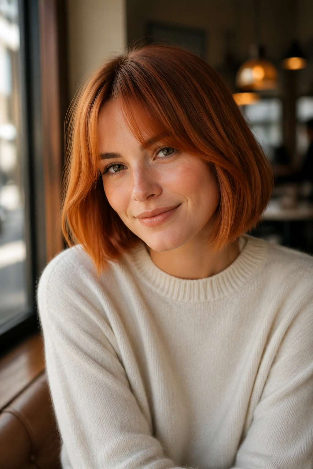 Close-up of a real woman with a copper bob and curtain bangs