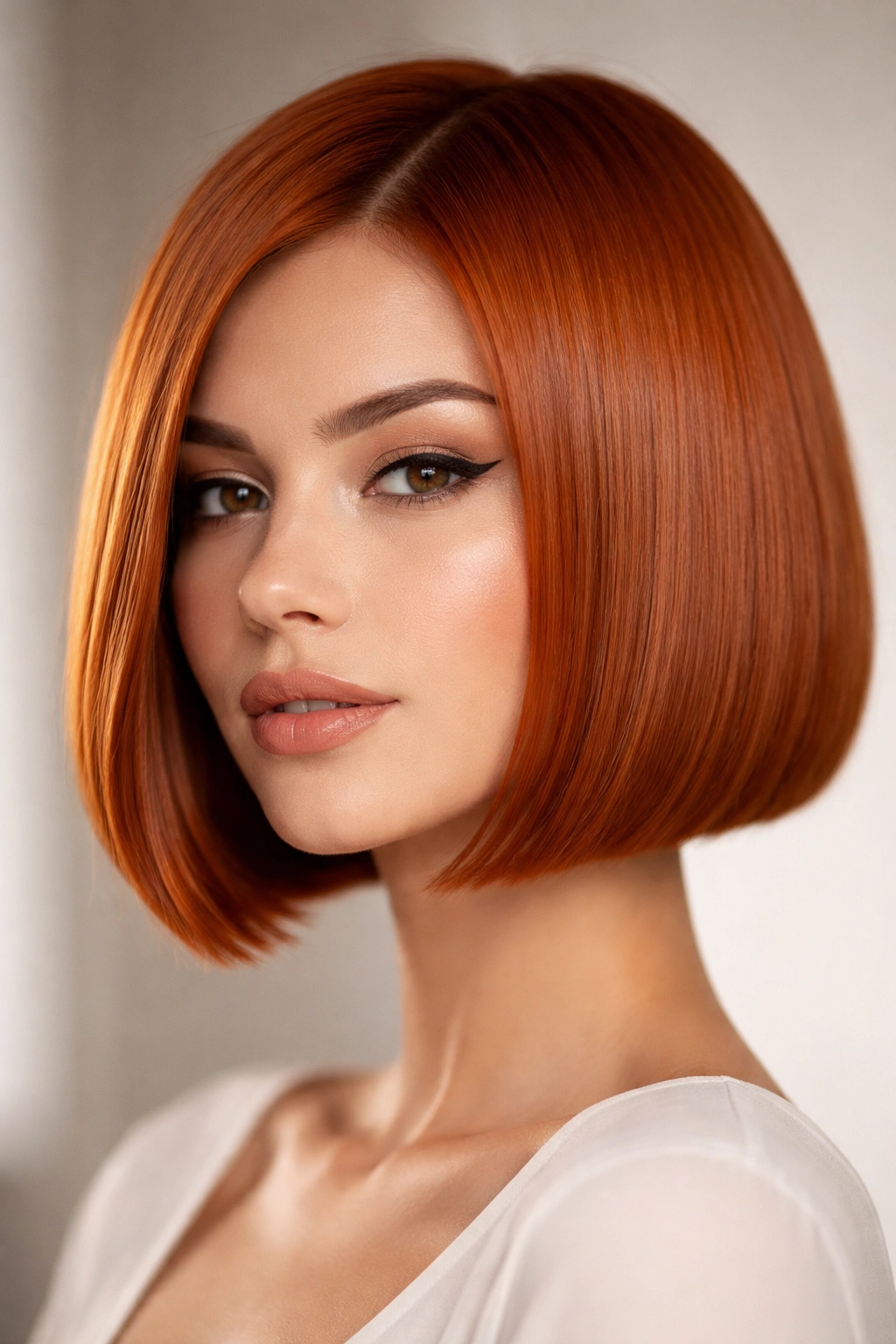 Close-up of a jaw-length copper-orange bob with mirror-like gloss