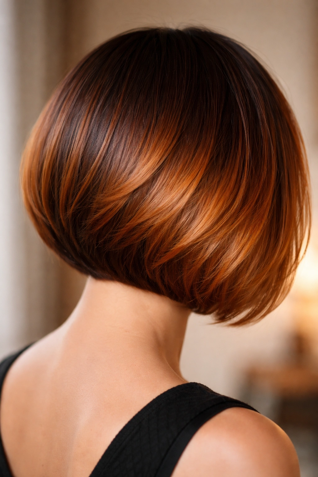 Rounded bob with copper fade and warm glow