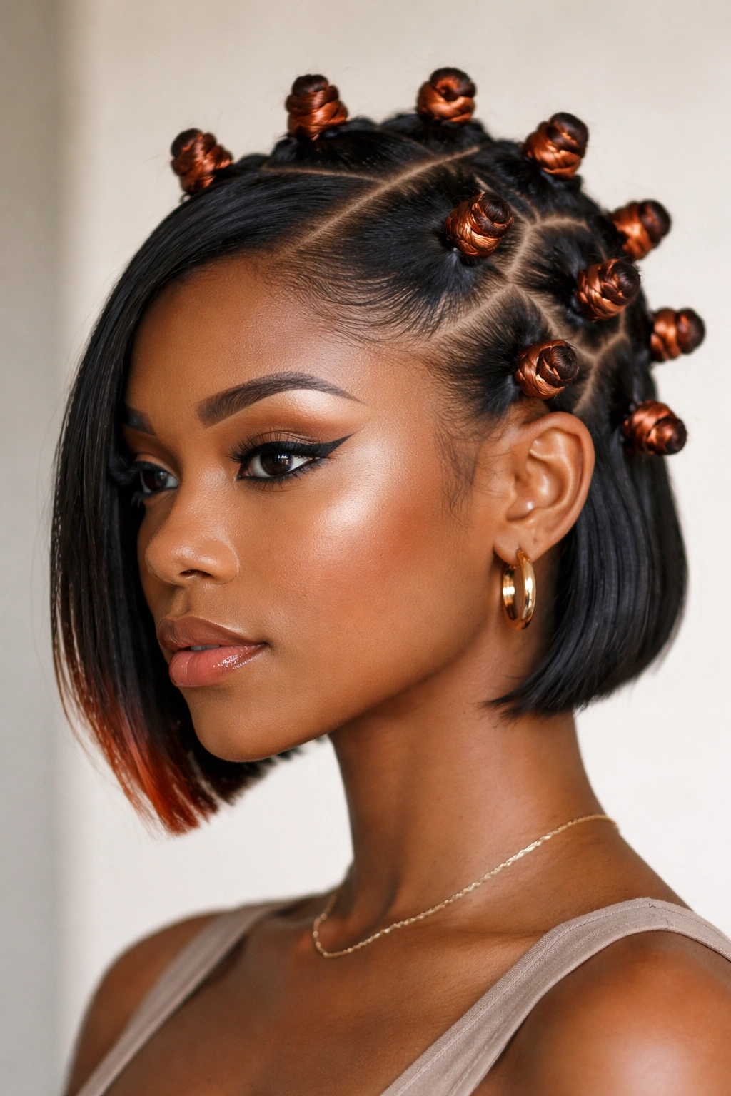 Close-up of copper-tipped mini knots on a chin-length bob with a sharp side part