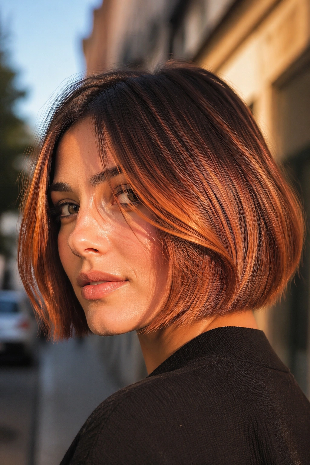 Close-up of a real woman with copper penny balayage on a chin-length French bob outdoors at golden hour