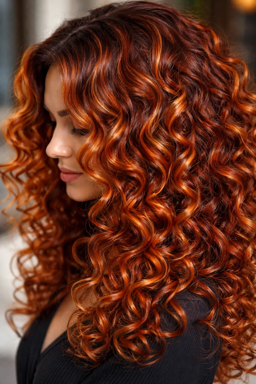 Close-up of curls with copper penny glow highlighting copper tones