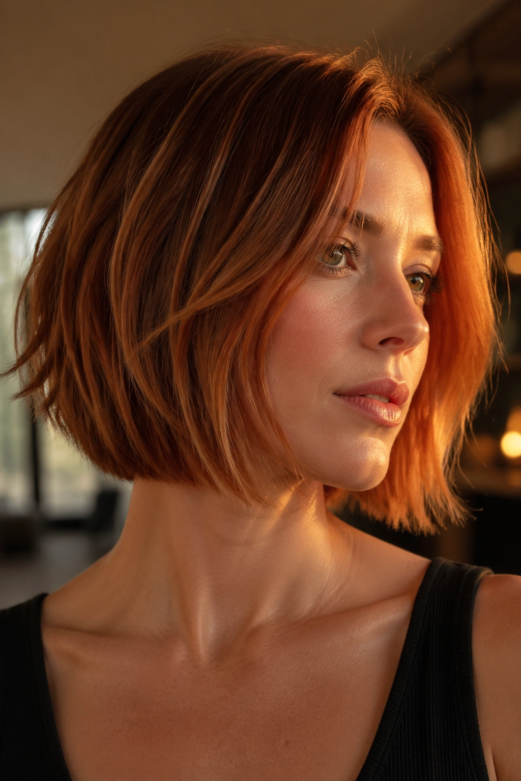 Portrait of a real woman with copper razor bob.