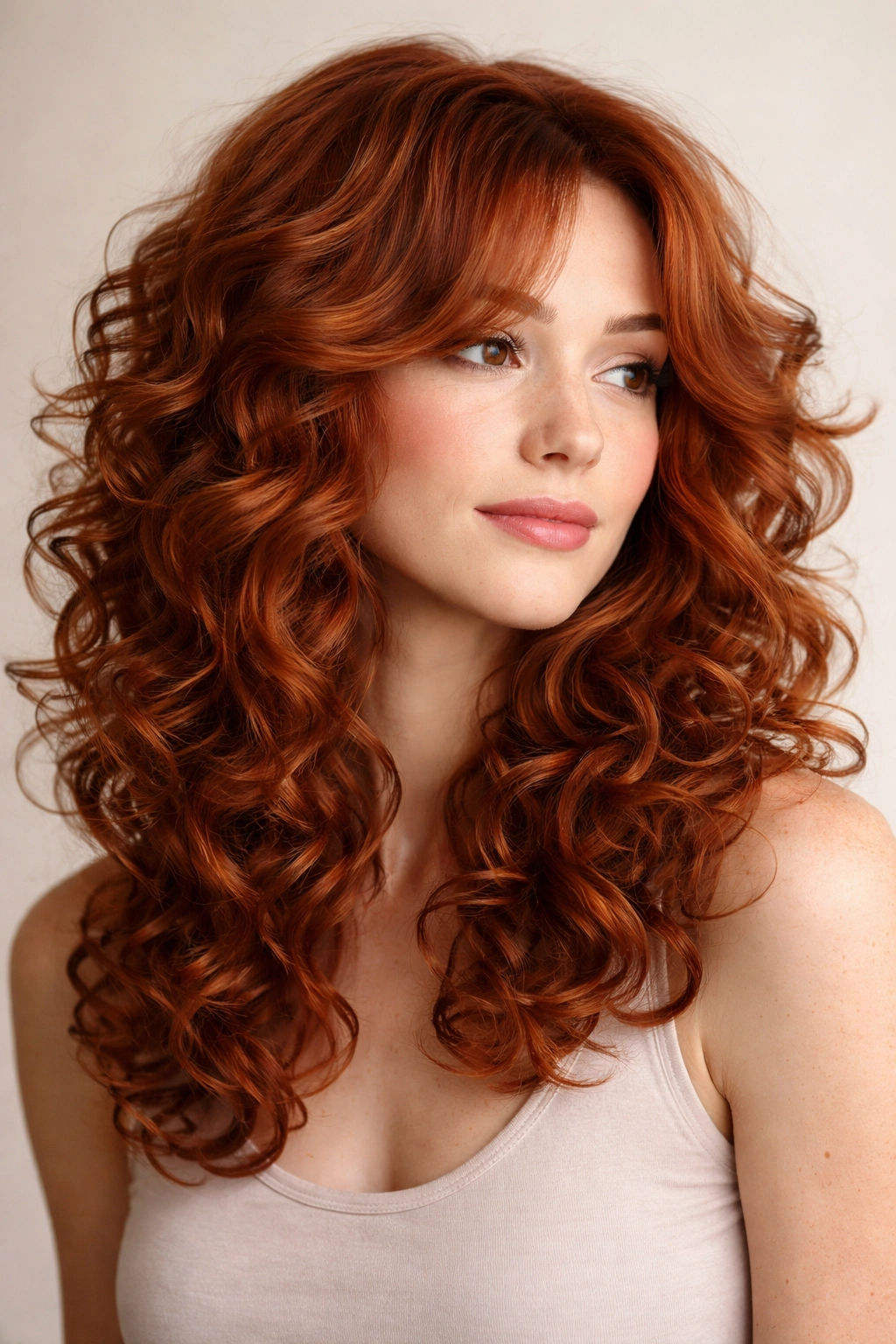 Close-up of copper red layered curls with defined ringlets and shine