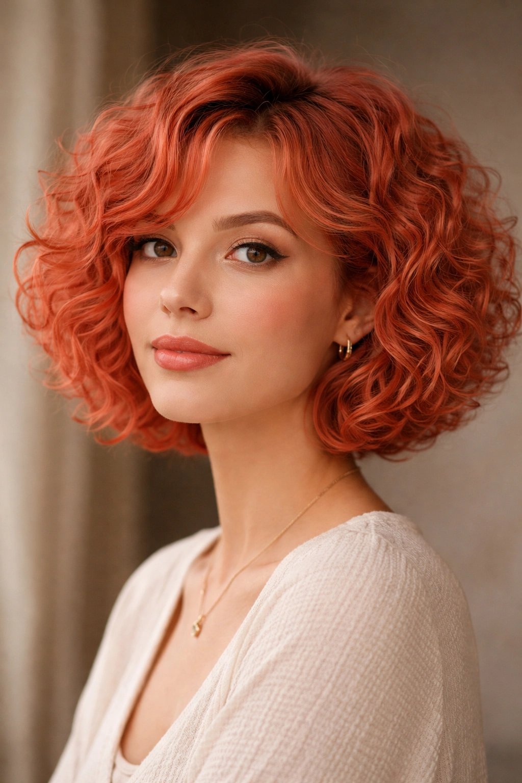 Coral curly bob close-up showing rounded silhouette and juicy curls