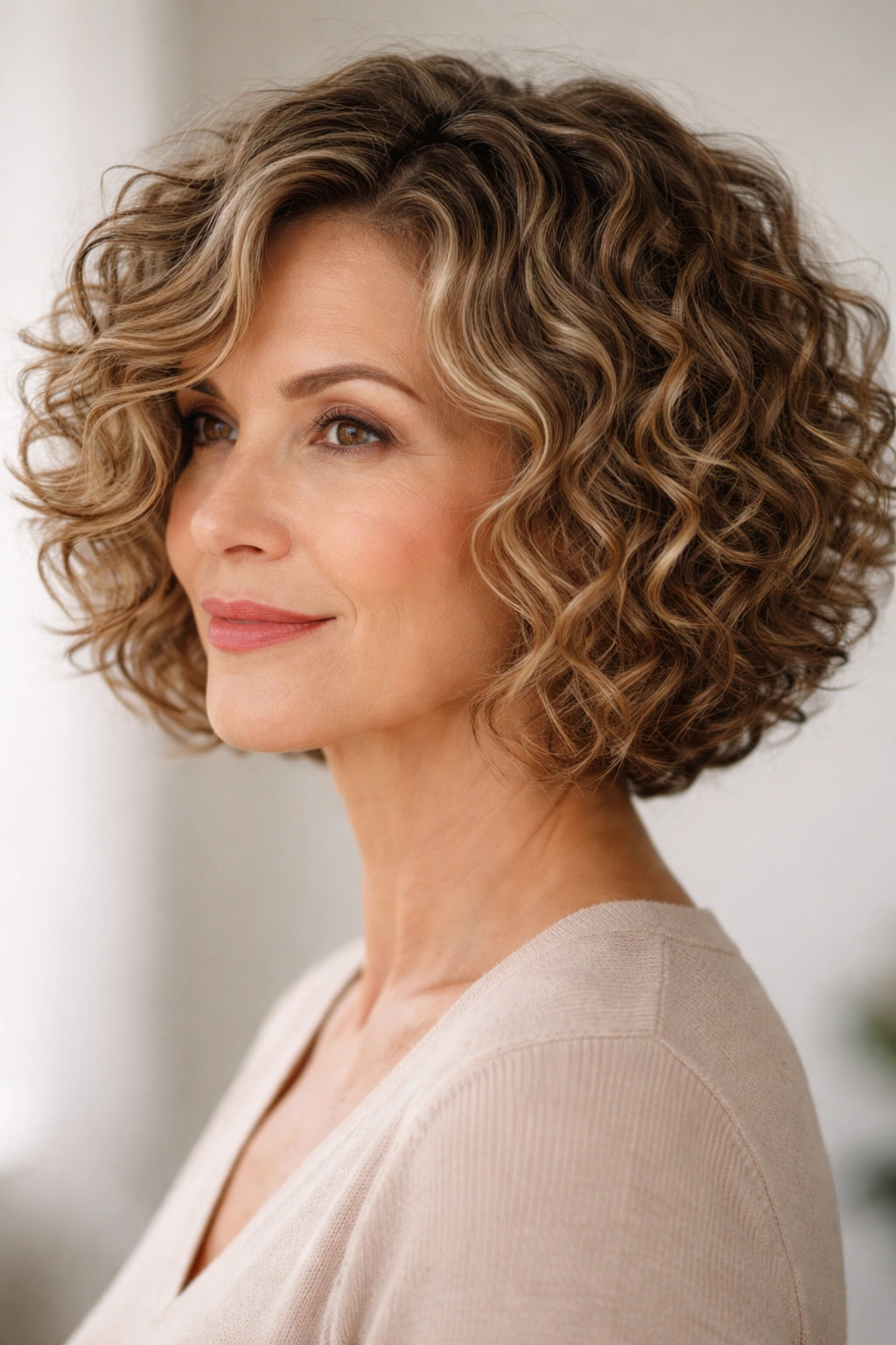 Chin-length corkscrew bob with defined jawline