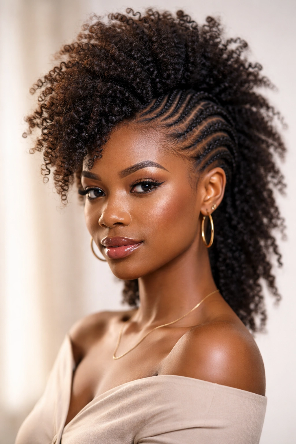 Portrait of a person with cornrows leading to a central hawk style
