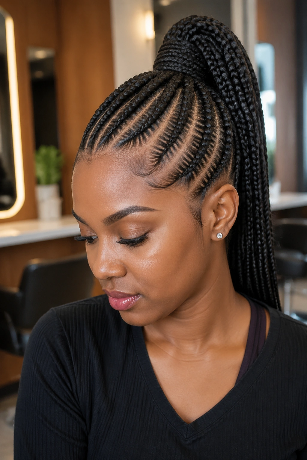 Close-up of cornrow feed-in high ponytail on real woman