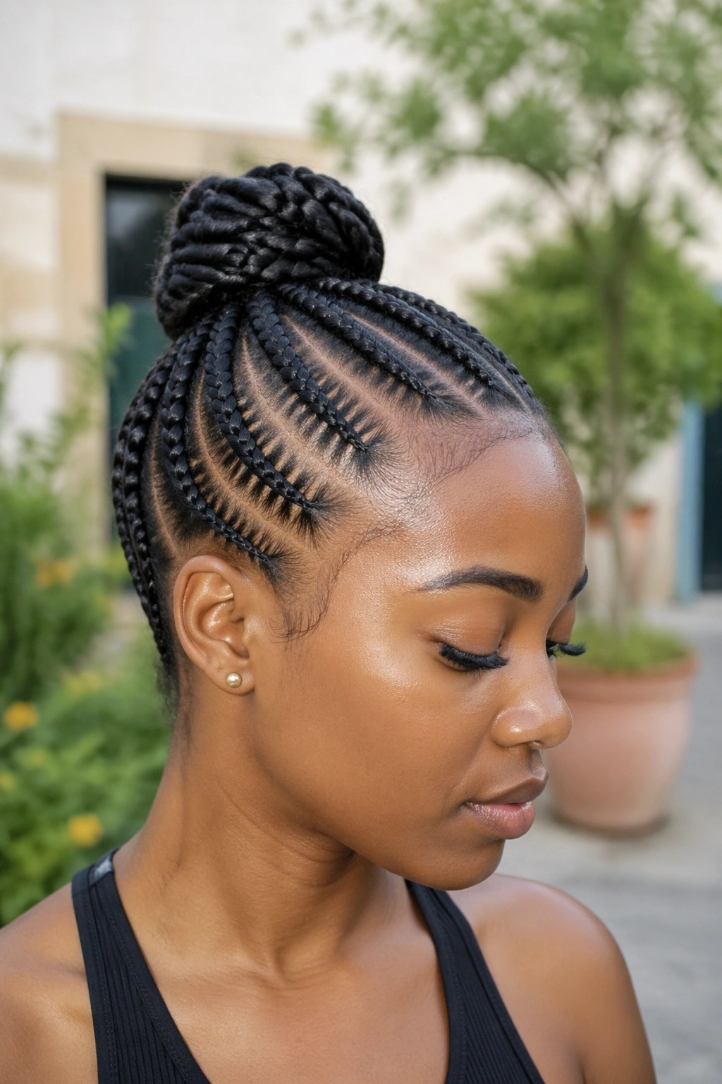 Close-up portrait of a real woman with cornrows leading to a bun