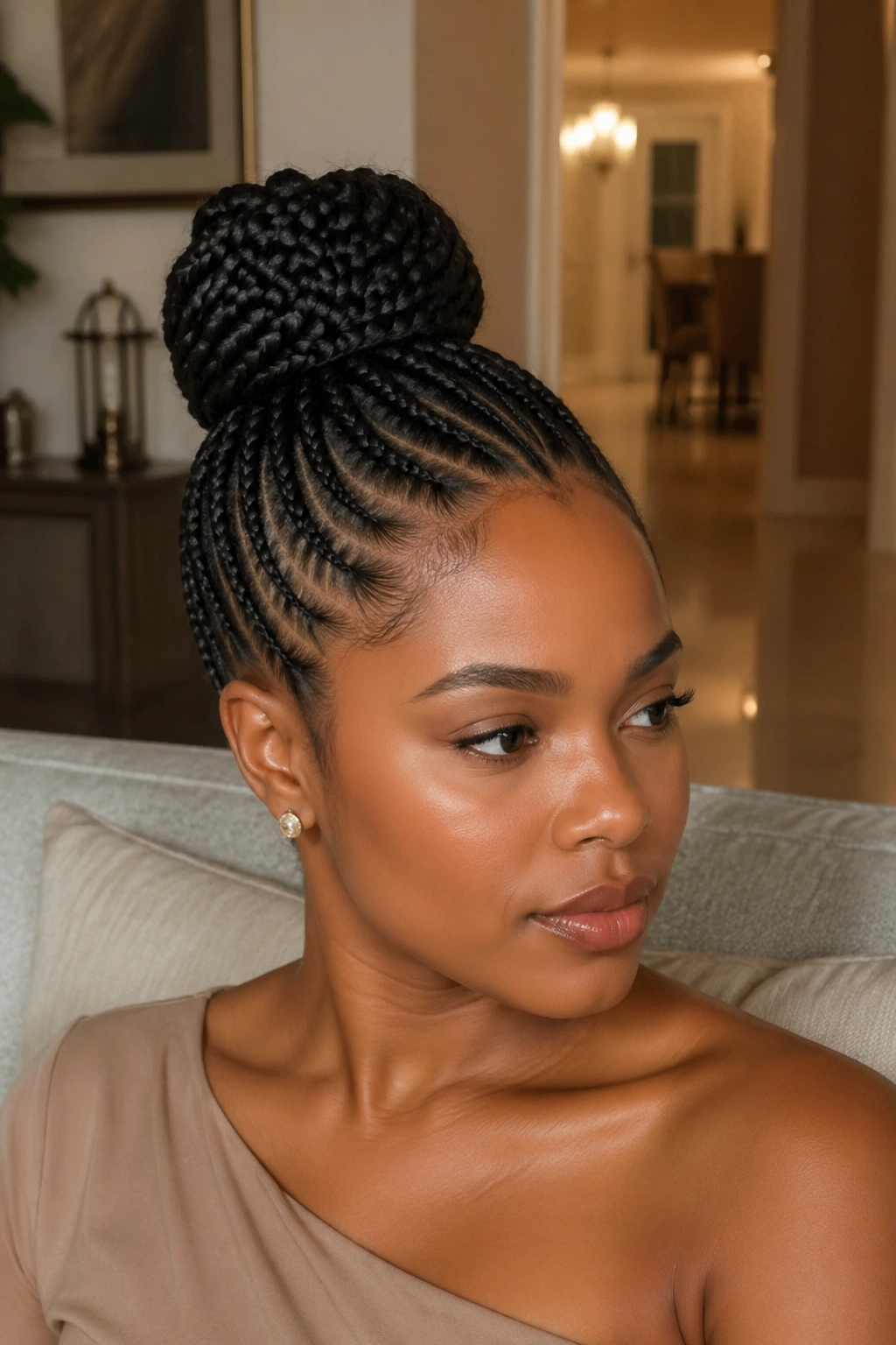 Close-up of cornrow bun updo on a real woman