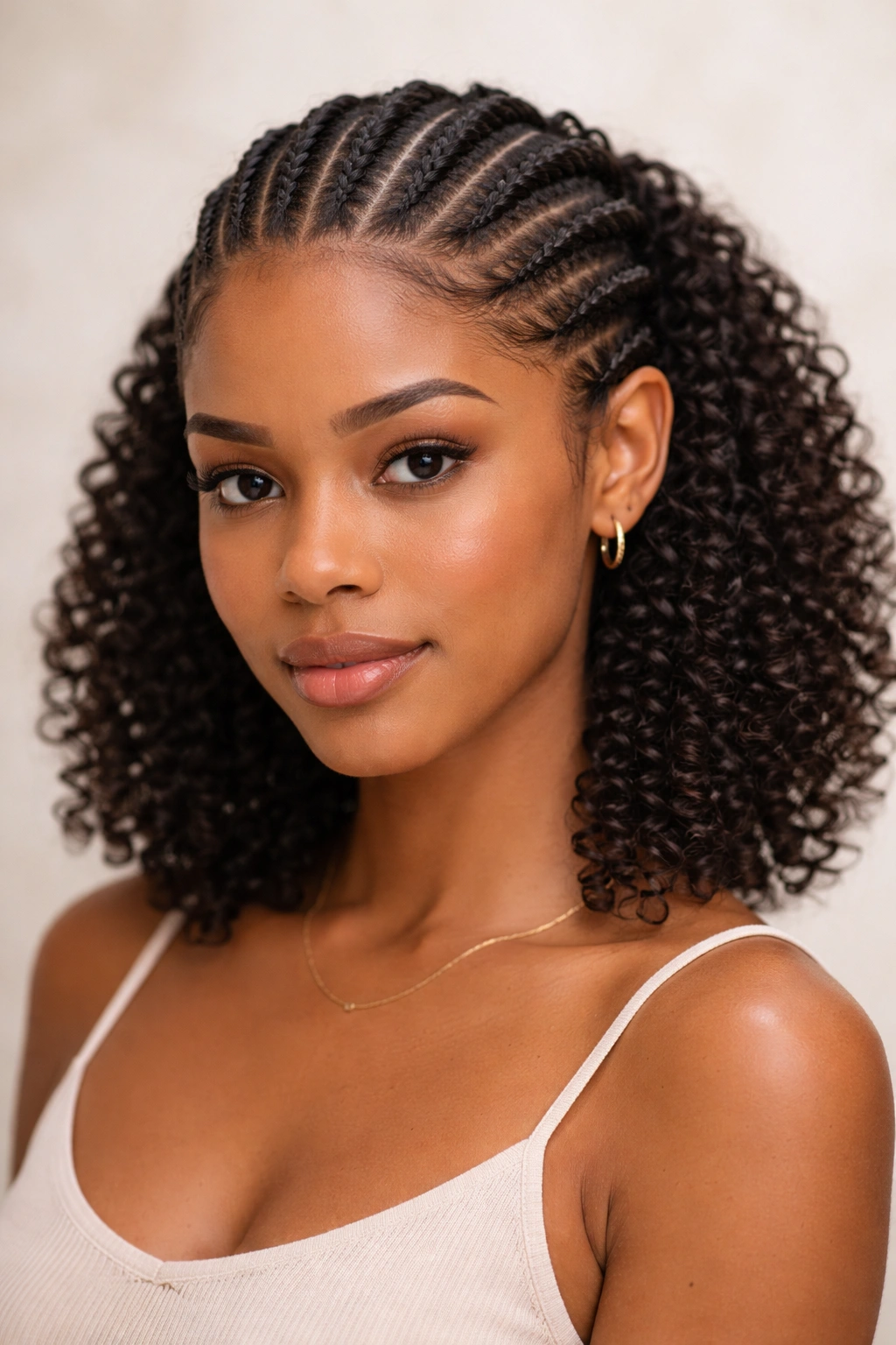 Front view of cornrow crown with curly ends on short hair