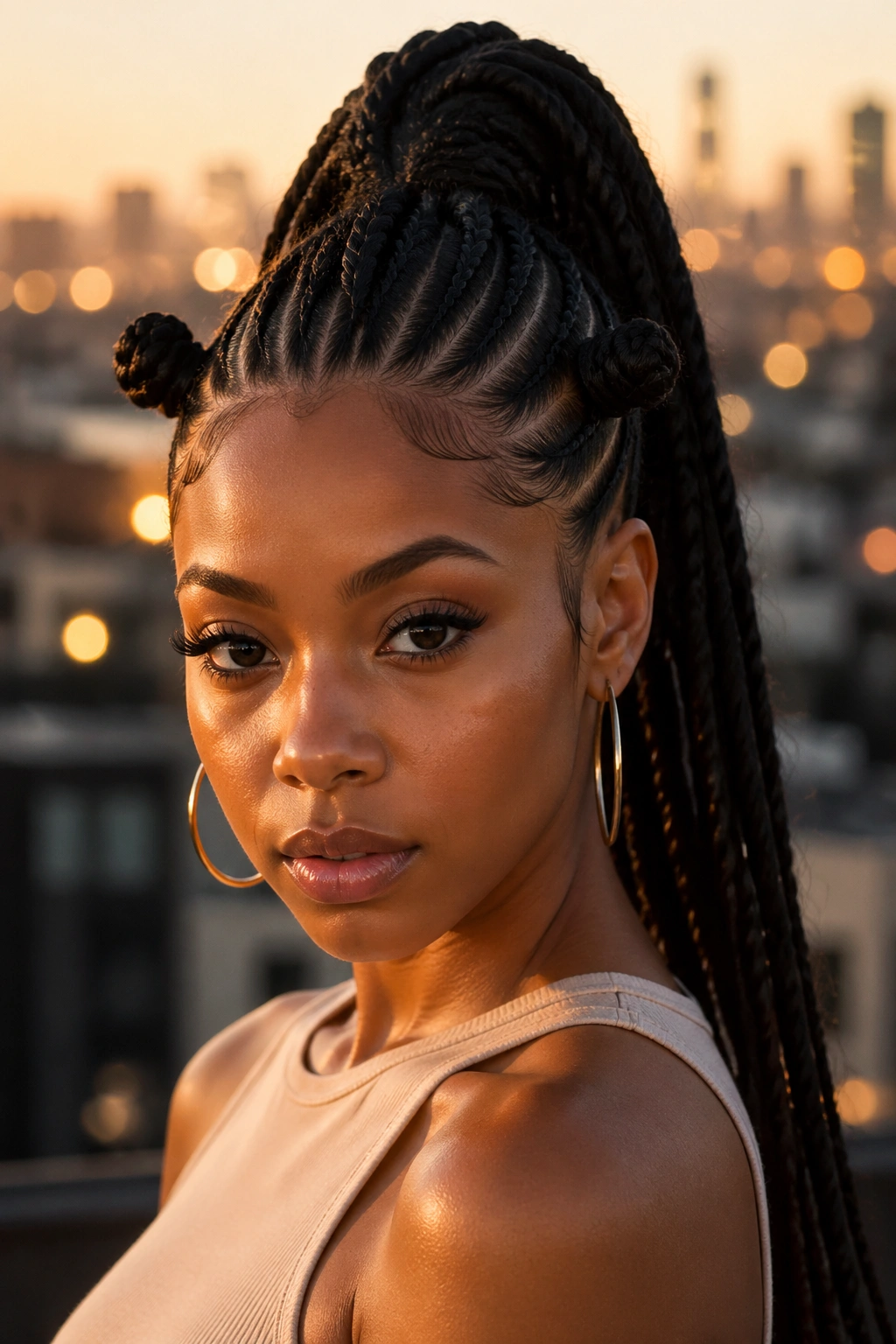 Portrait of woman with cornrowed high ponytail and side Bantu knots