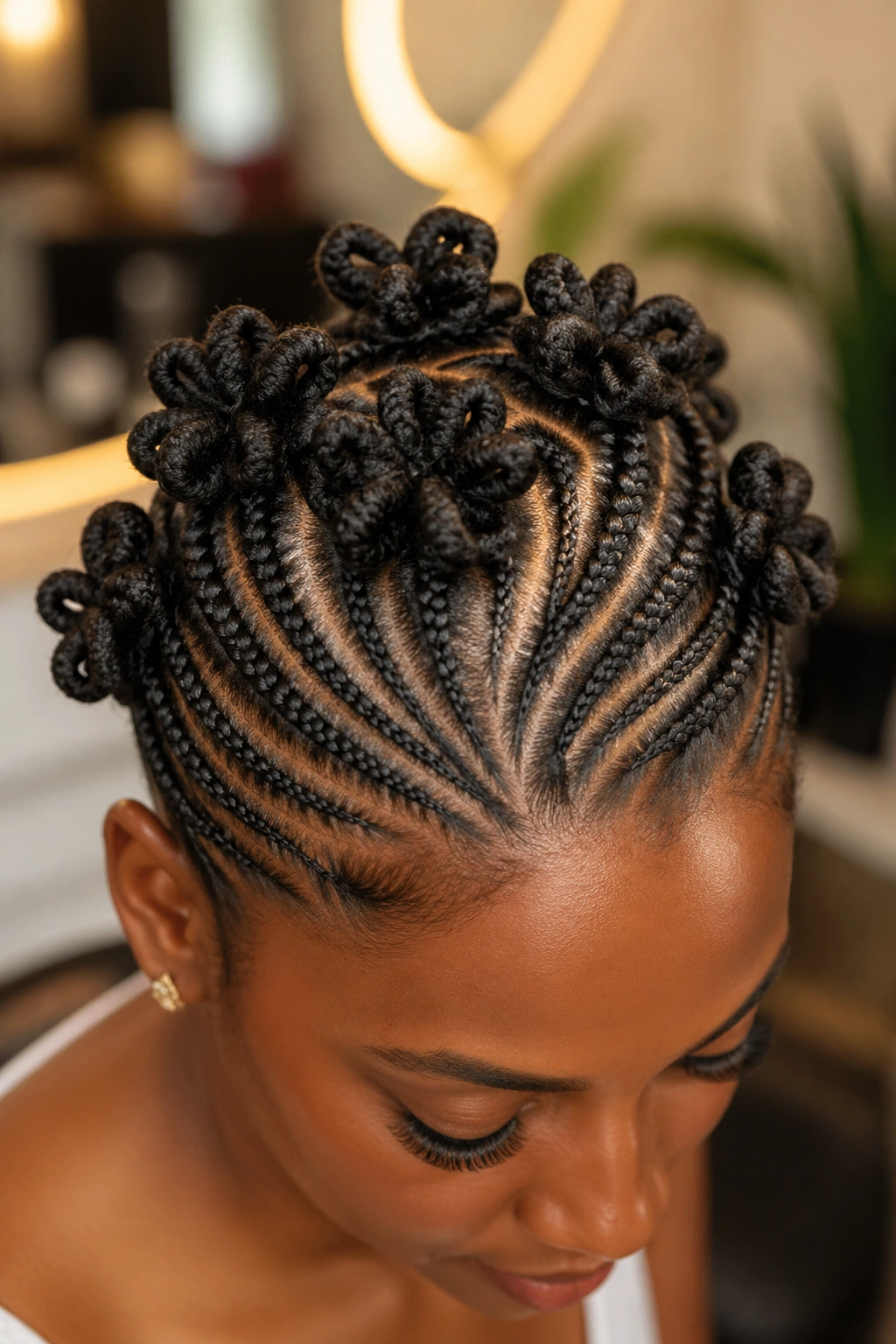 Close-up of a real person's head showing cornrows feeding into knot petals at the crown