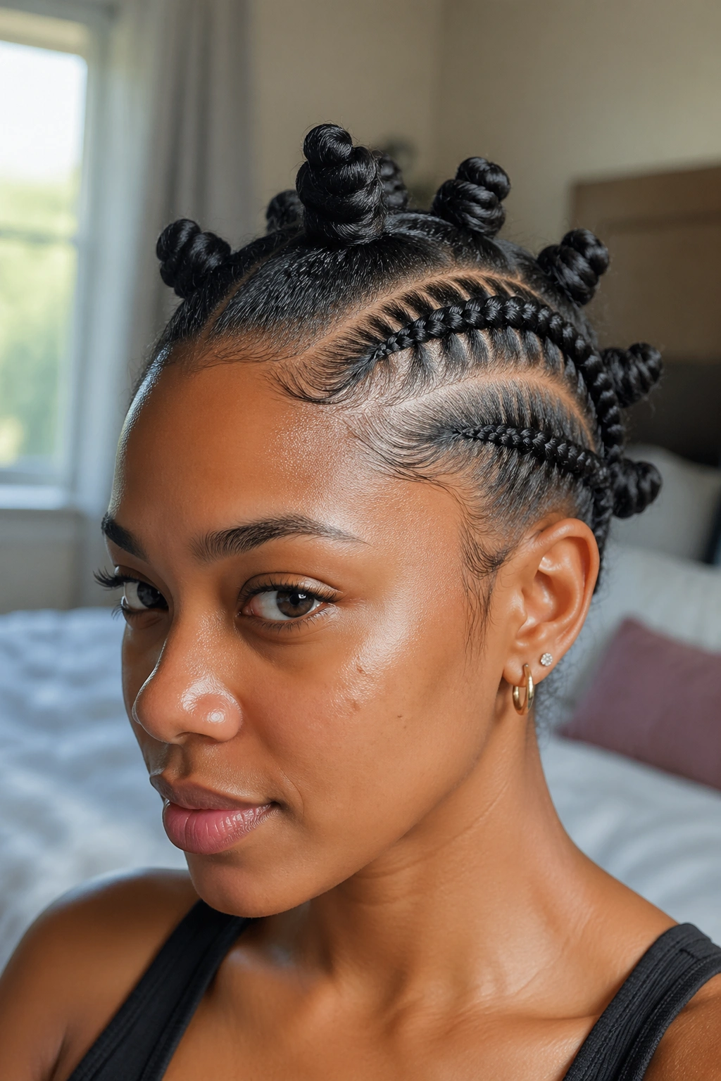 Close-up portrait of Thick Side Cornrow and Temple Knots hairstyle on a real person