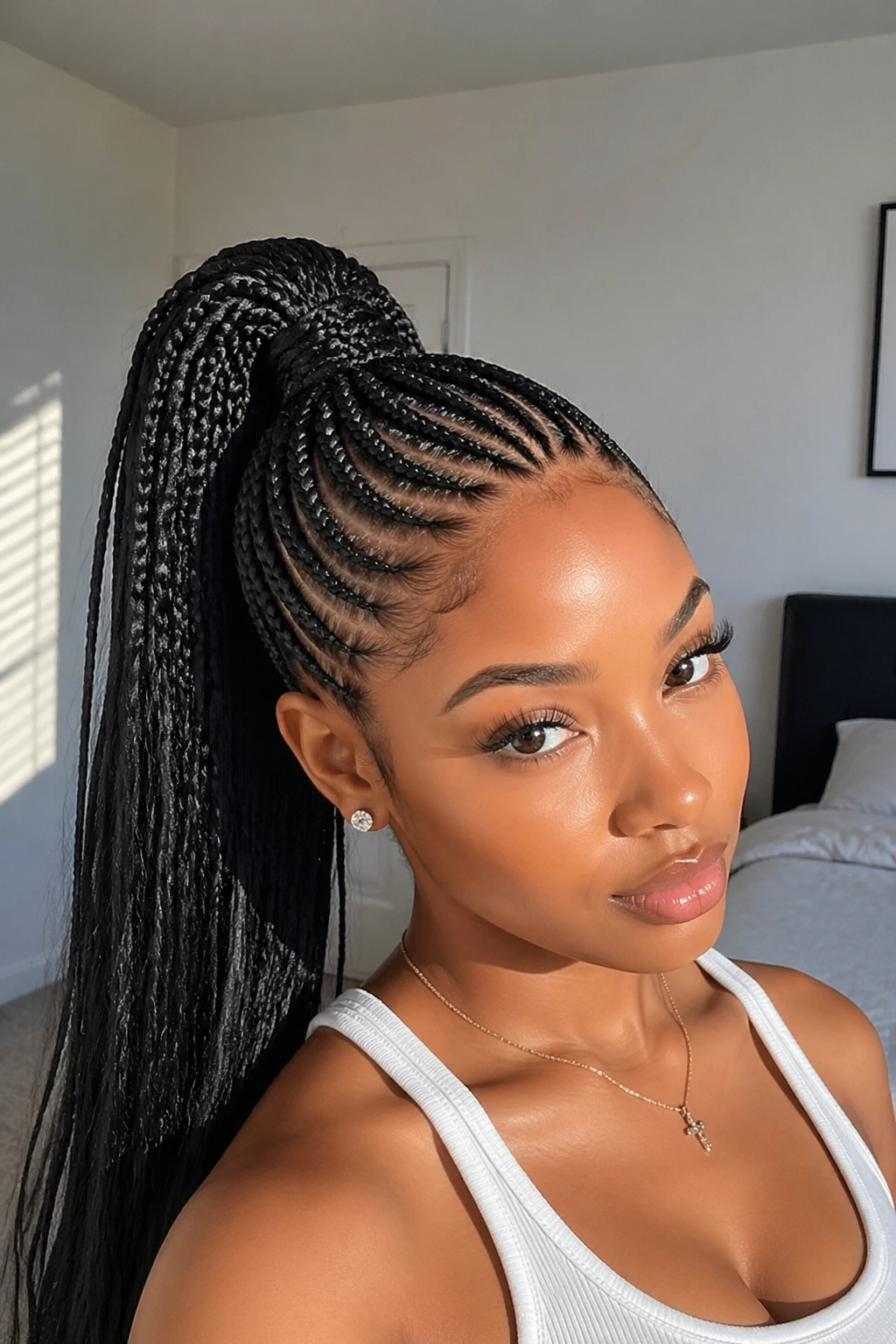 Close-up of cornrow ponytail on a real woman