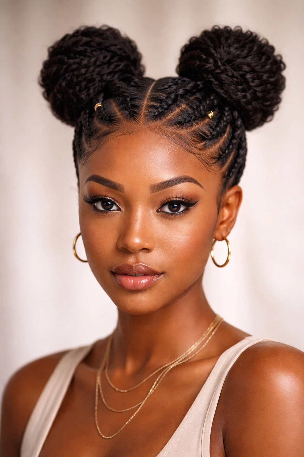 Cornrow base space buns with neat braids and defined buns
