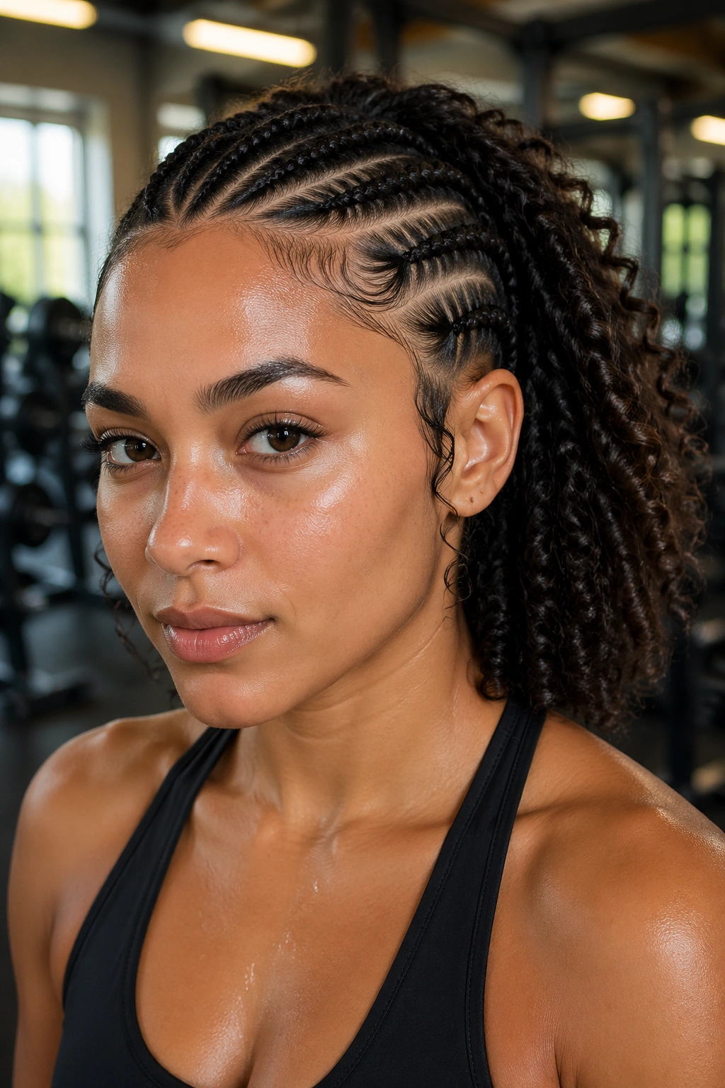 Real woman with front cornrows and curly back hairstyle in gym.