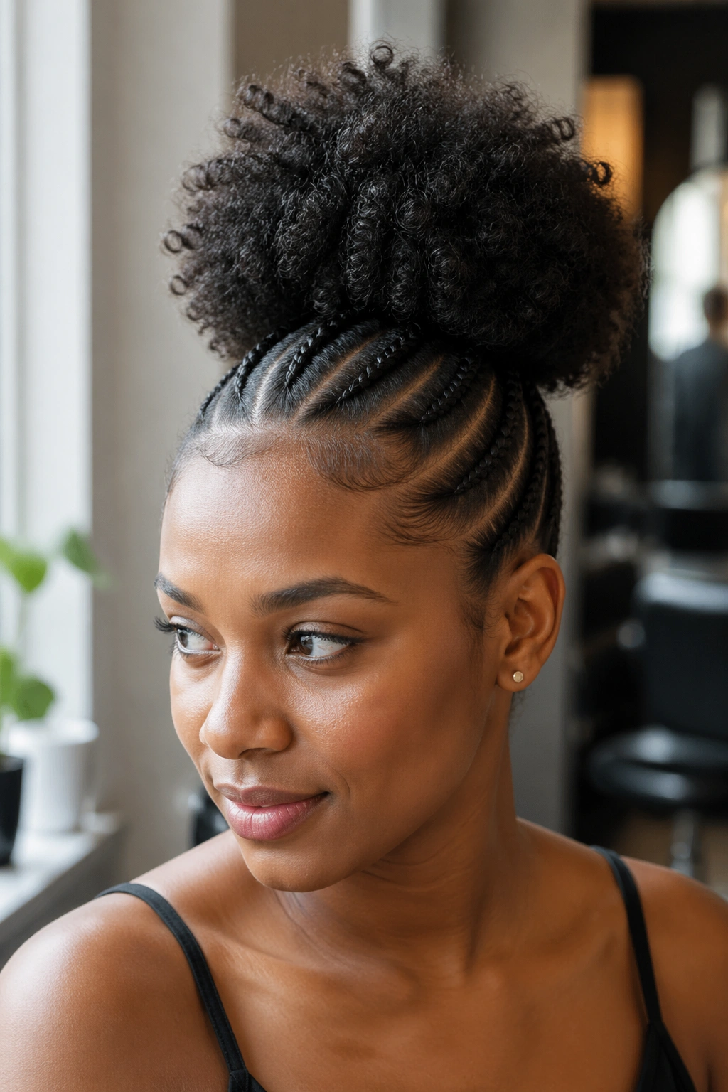 Portrait of a woman with straight-back cornrows and a high puff