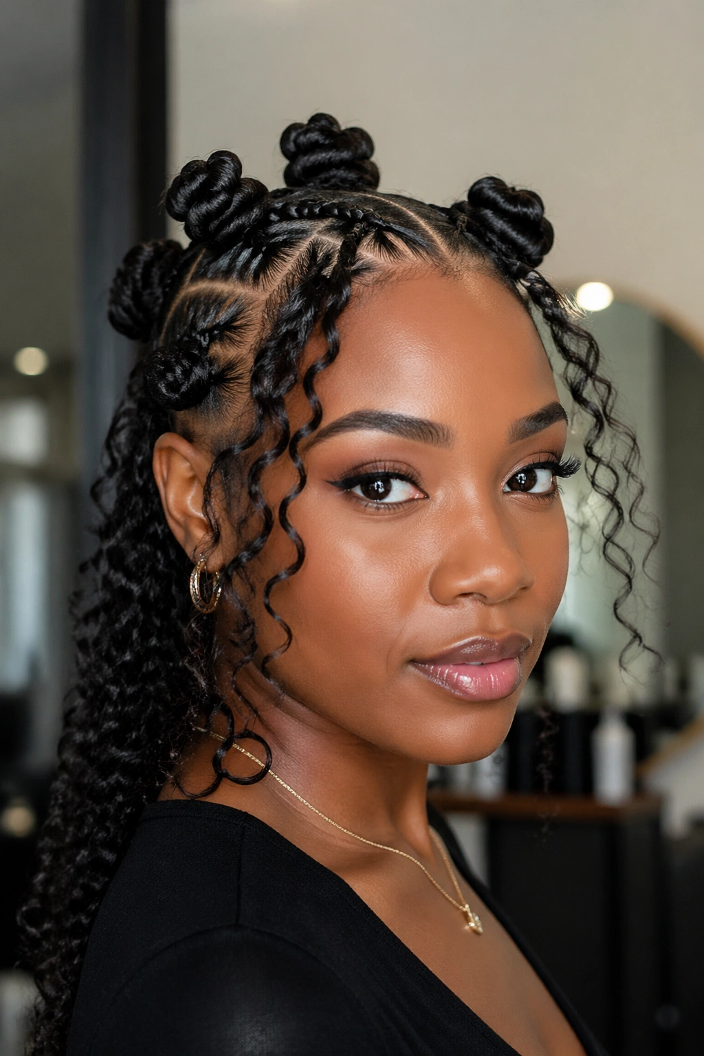 Close-up portrait of a real woman with cornrows feeding into knots and loose curls in a salon setting