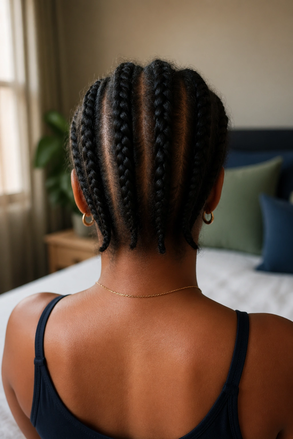 Back-of-head view of four loose cornrows on a real person