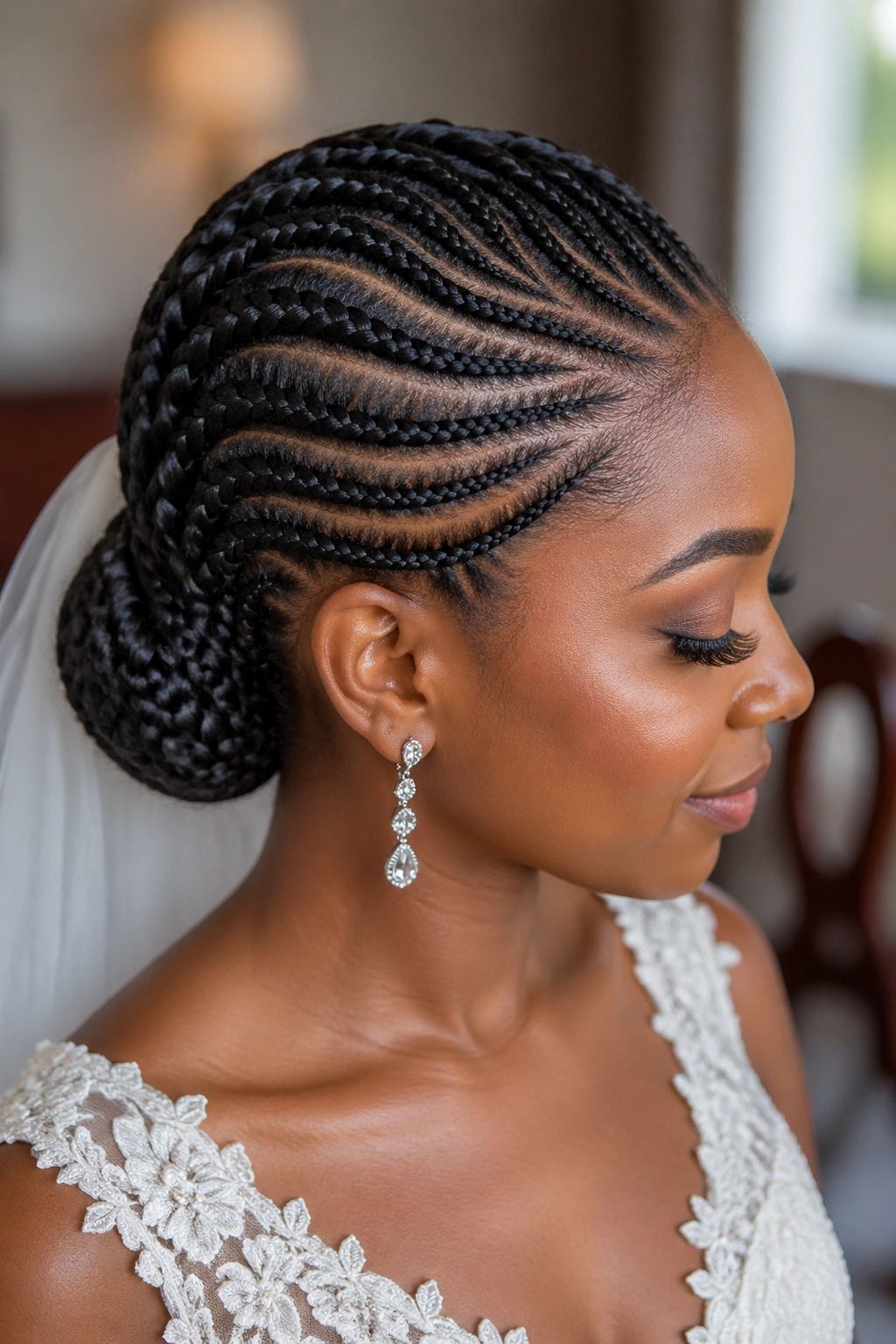 Real bride with cornrow pattern feeding into a low bun at the nape