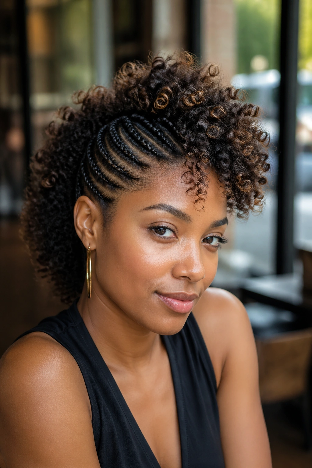 Portrait of a woman with cornrowed sides and a curly center mohawk