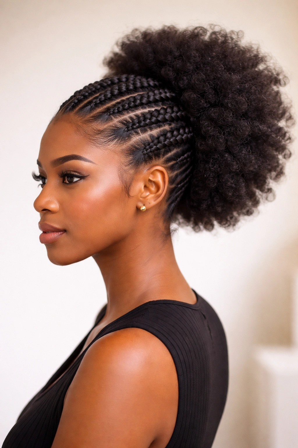 Cornrow Mohawk with a Puffy Back Section: tight side cornrows and a voluminous back puff on a head