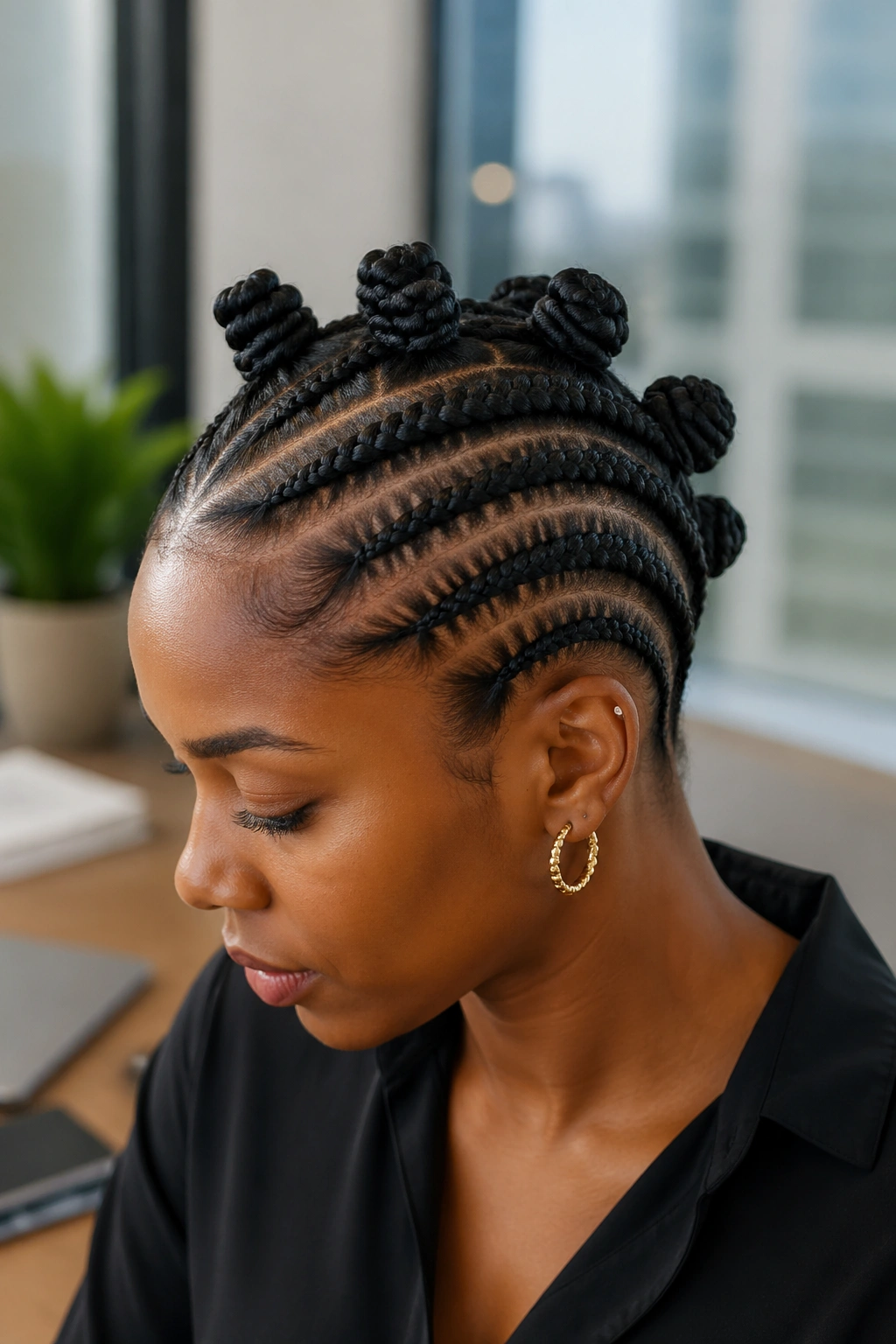 Portrait of a real person with smooth parts and low-tension cornrows for an office-ready look.