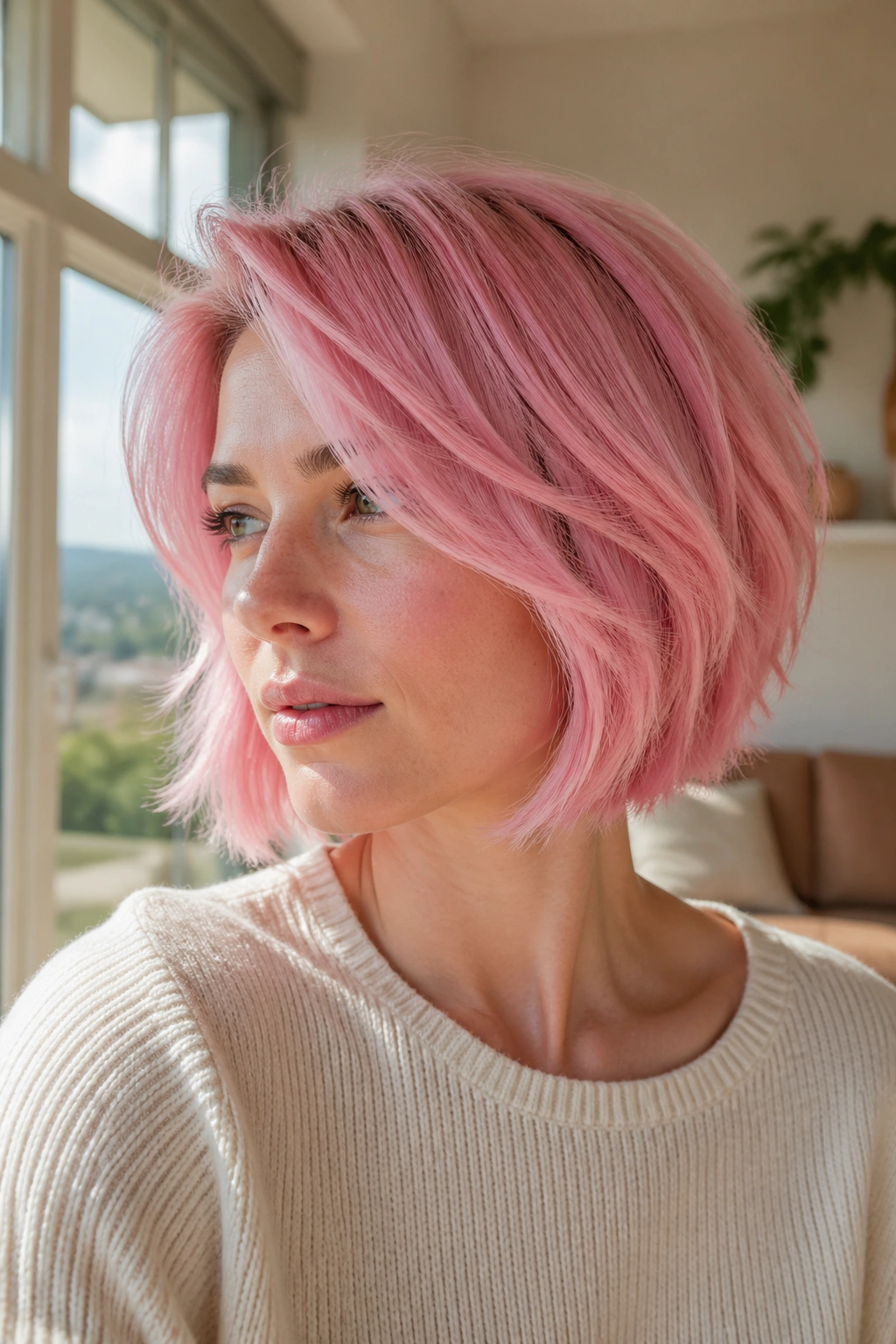 Close-up of a real person with a cotton-candy layered bob showing movement