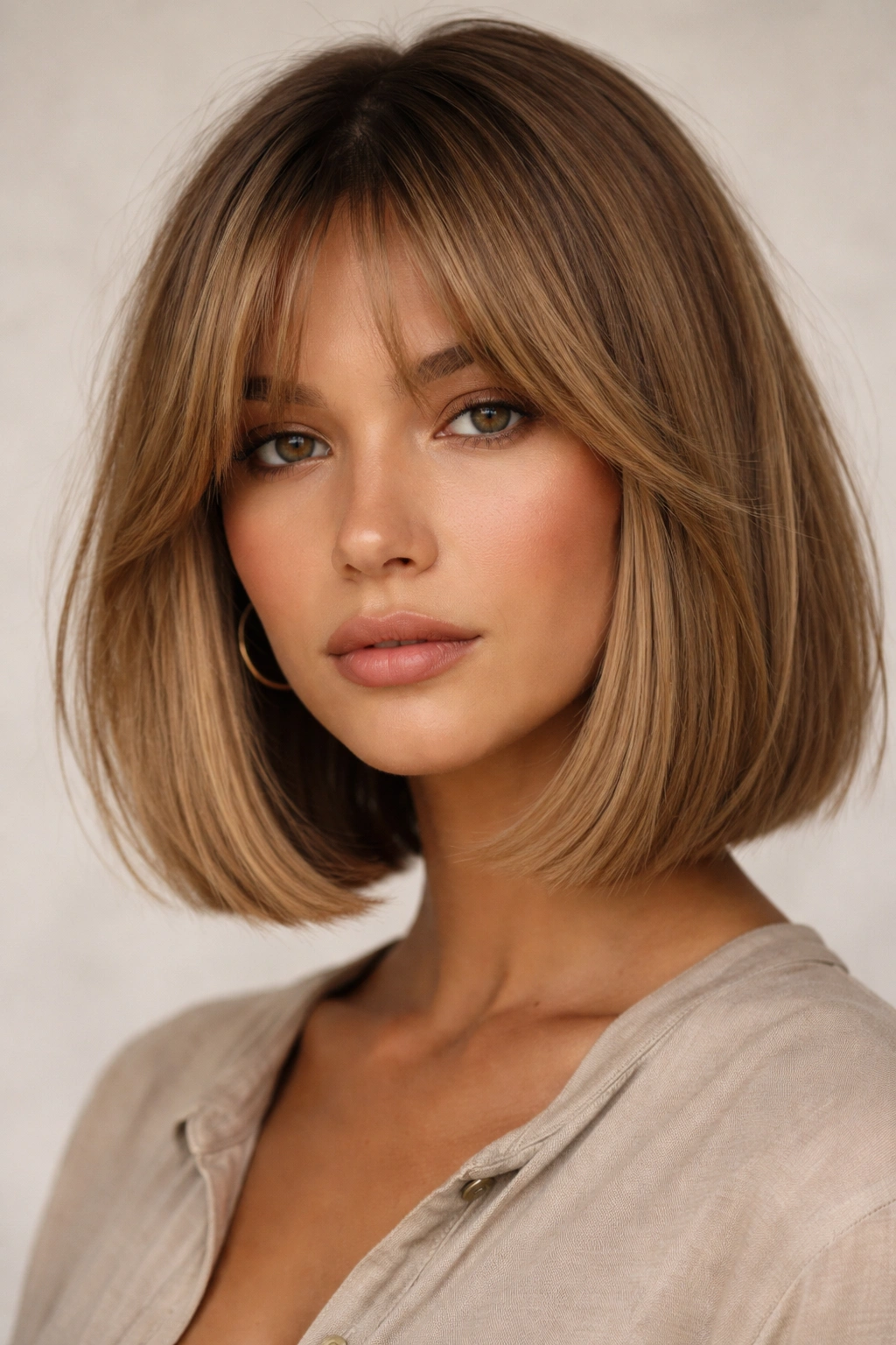 Close-up of blunt bob with curtain bangs and off-center part for a tough cowgirl look.