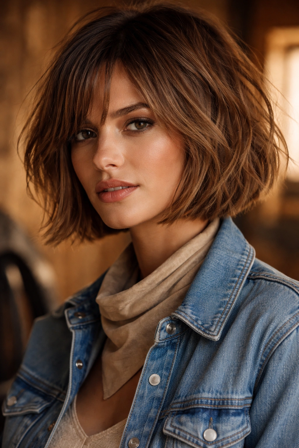 Close-up of chin-length textured cowgirl bob with a subtle bend for a western-inspired look.