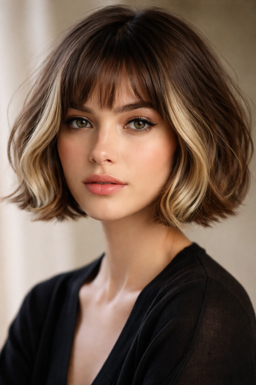 French bob with creamy face-framing blonde pieces around the face