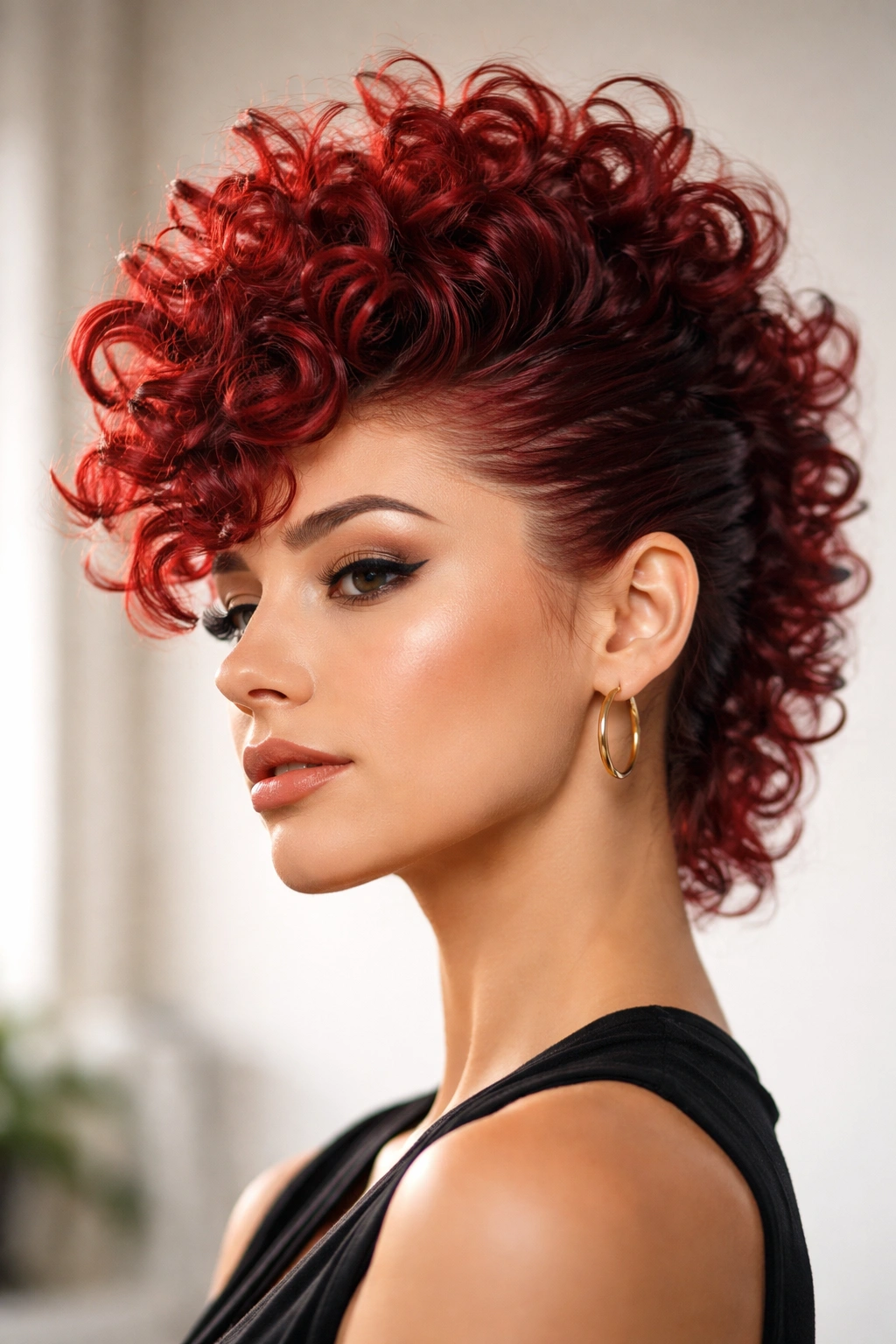 Crimson faux hawk on curly hair with lifted center