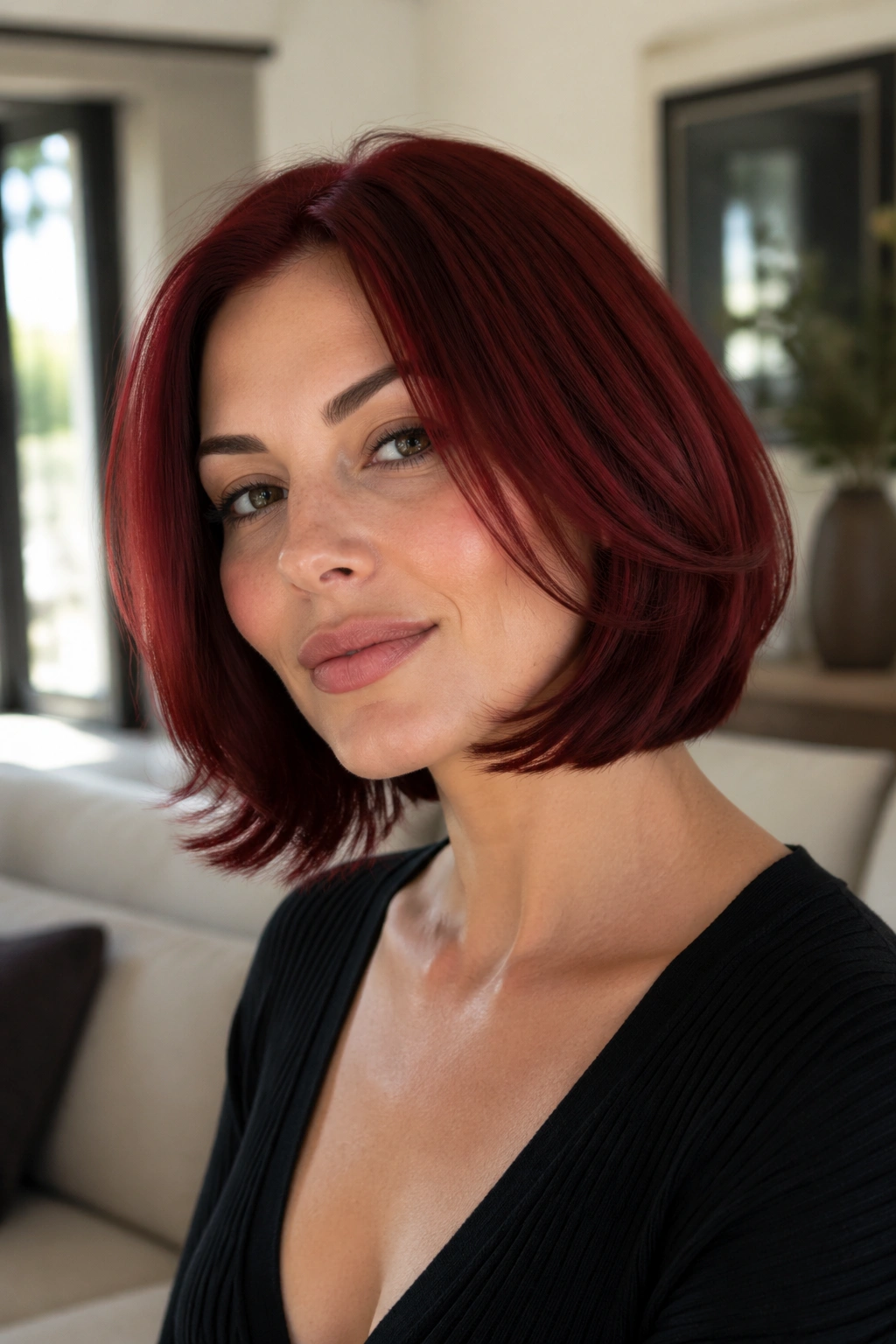 Close-up portrait of a real woman with a crimson Italian bob
