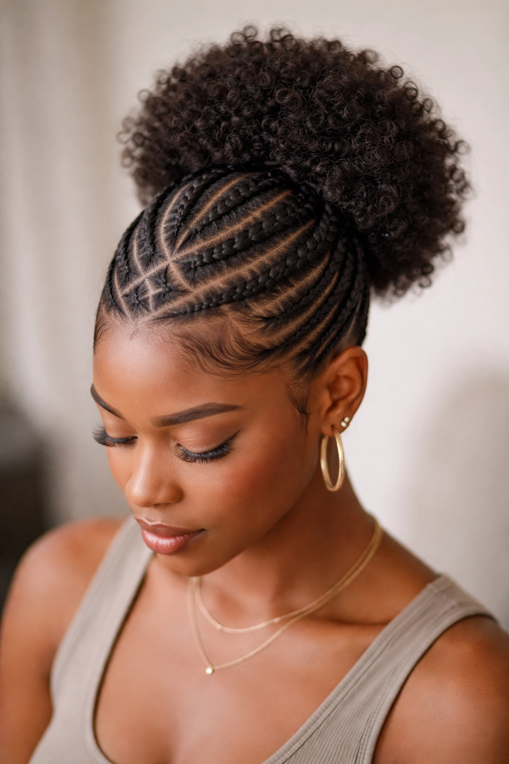 Crisscross Cornrows with a Mid Puff: intricate crisscross braids with a mid-height puff