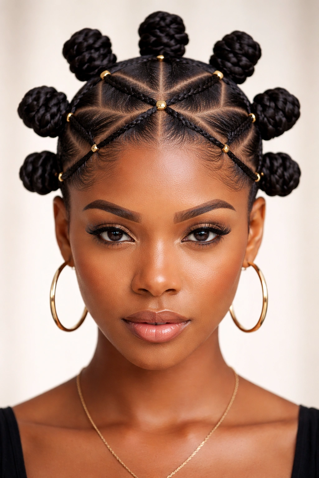 Crisscross grid knots forming an X-shaped pattern on the scalp