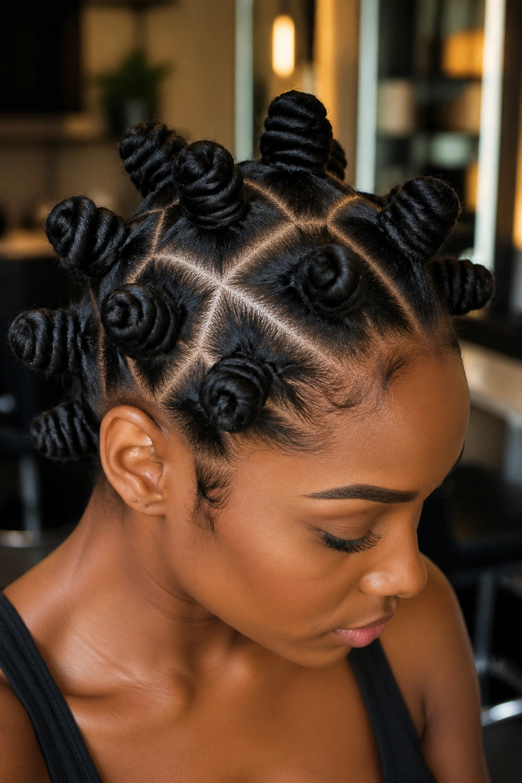 Close-up of crisscross part Bantu knots on a real person's scalp