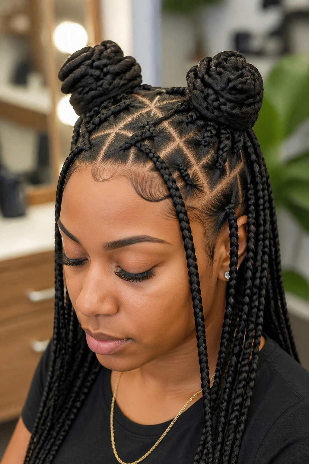 Close-up of a real woman with crisscross stitch braids and twin space Bantu knots