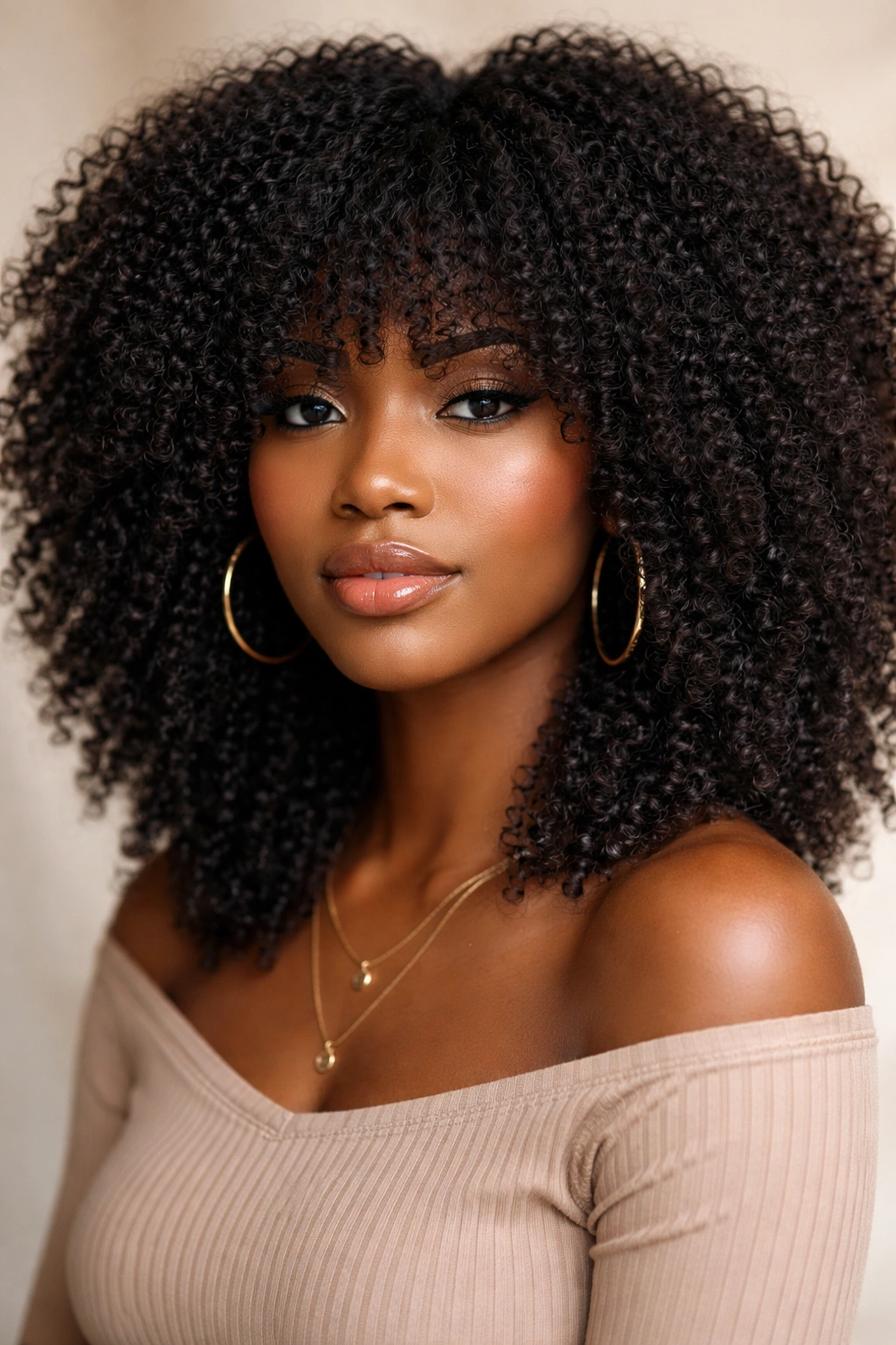 Close-up of crochet afro with bangs and framing layers on a head