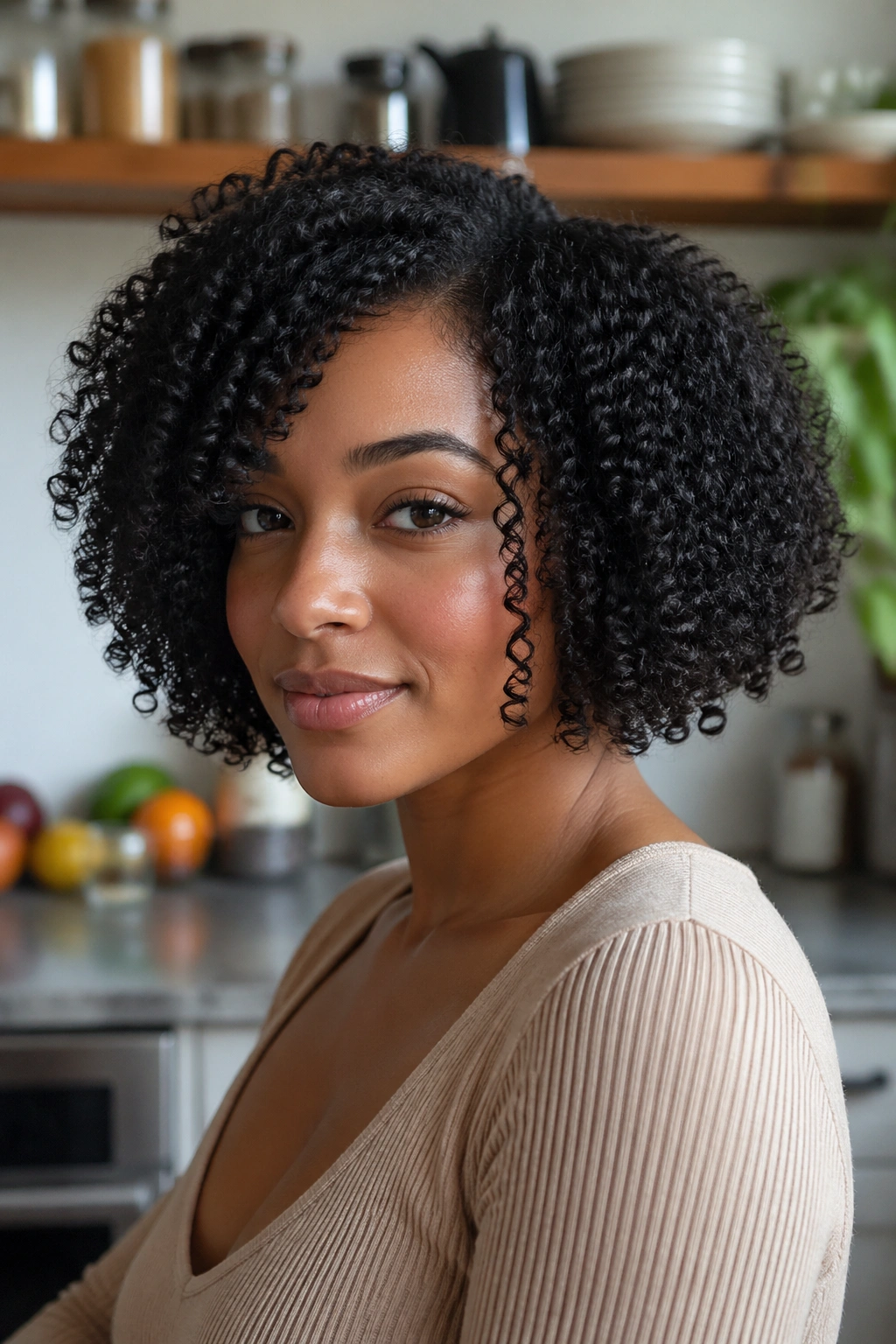 Close-up portrait of a real woman wearing a jawline-length crochet afro bob in a modern kitchen
