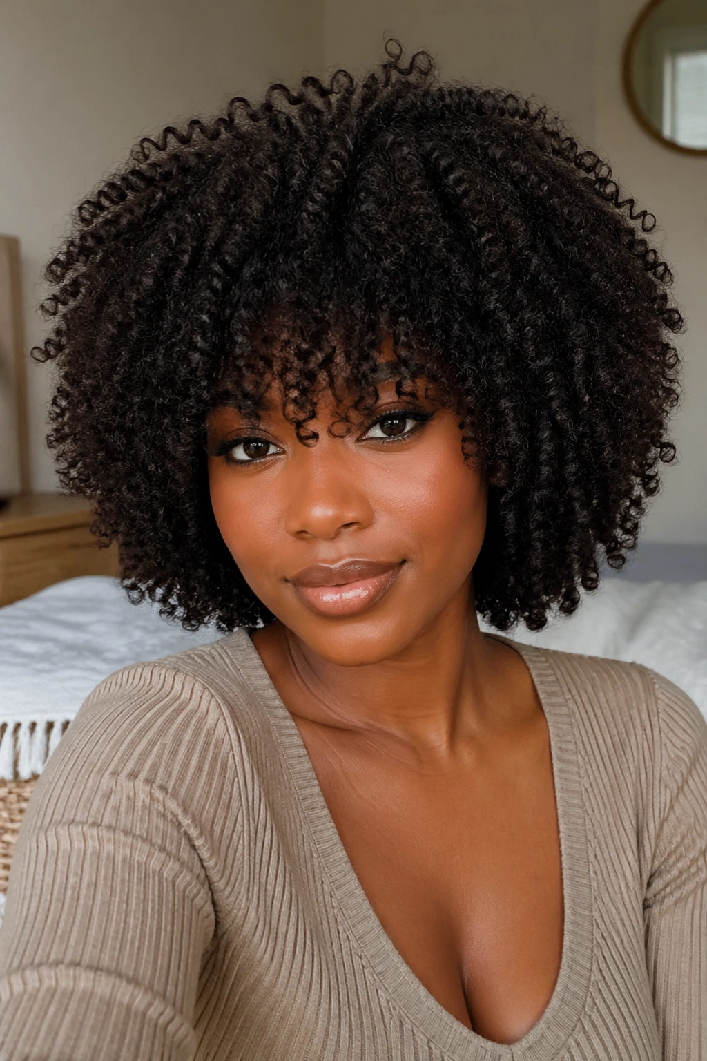 Close-up portrait of a real woman with crochet afro fringe bangs in soft window light.