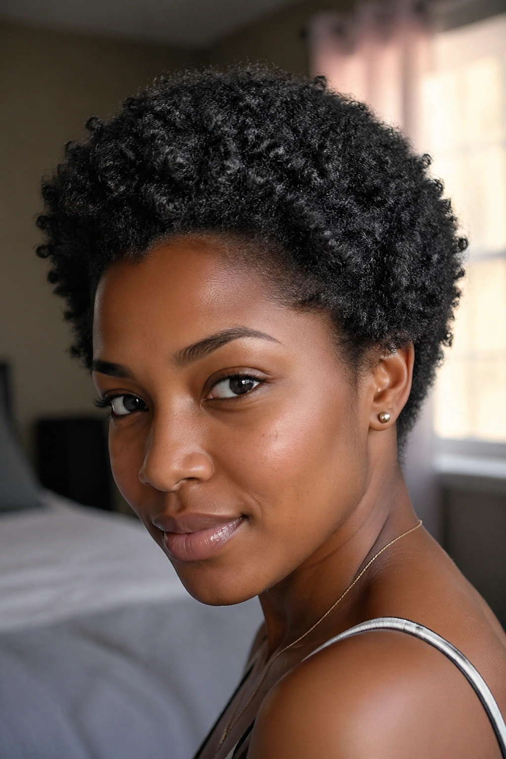 Close-up of real person wearing a short TWA-inspired crochet afro, plush texture