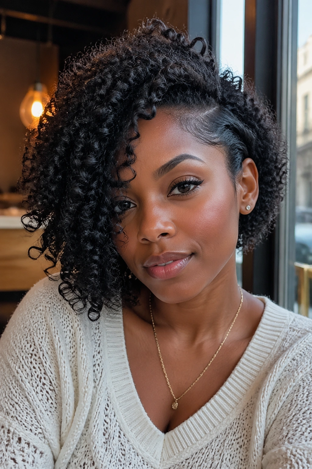 Close-up portrait of a real person with an asymmetrical curly crochet bob