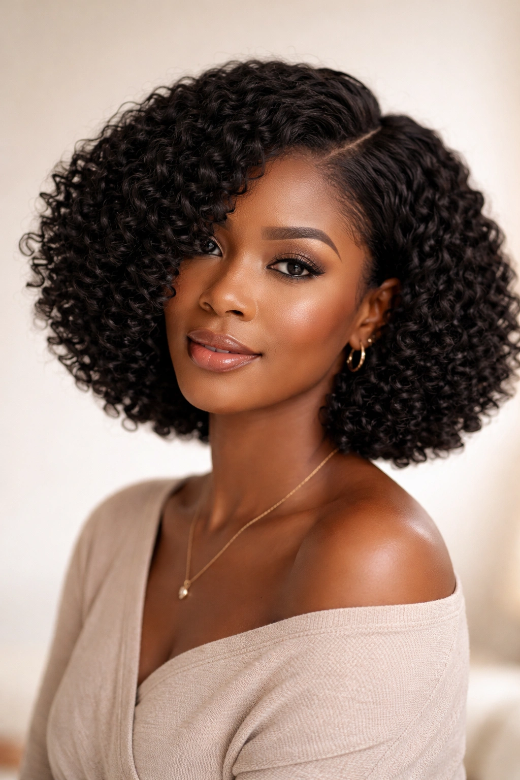Side-part crochet bob showing chin-to-collarbone length on afro-textured hair