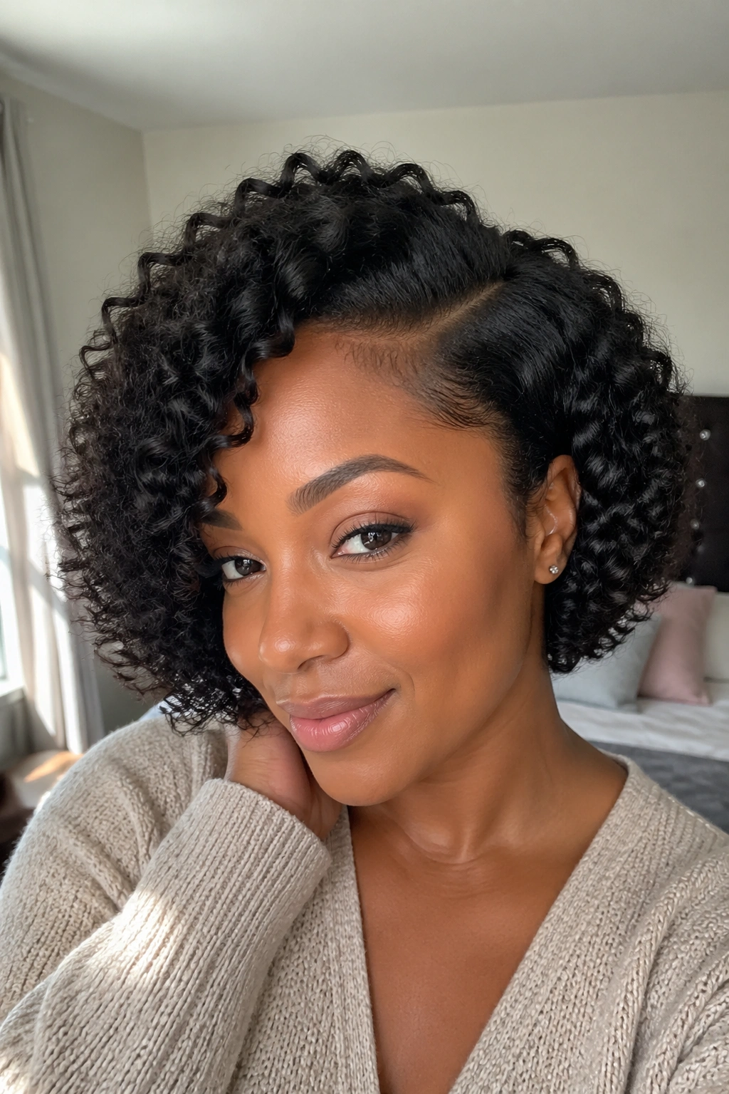 Close-up portrait of a real woman with a chin-length side-part crochet bob under natural light