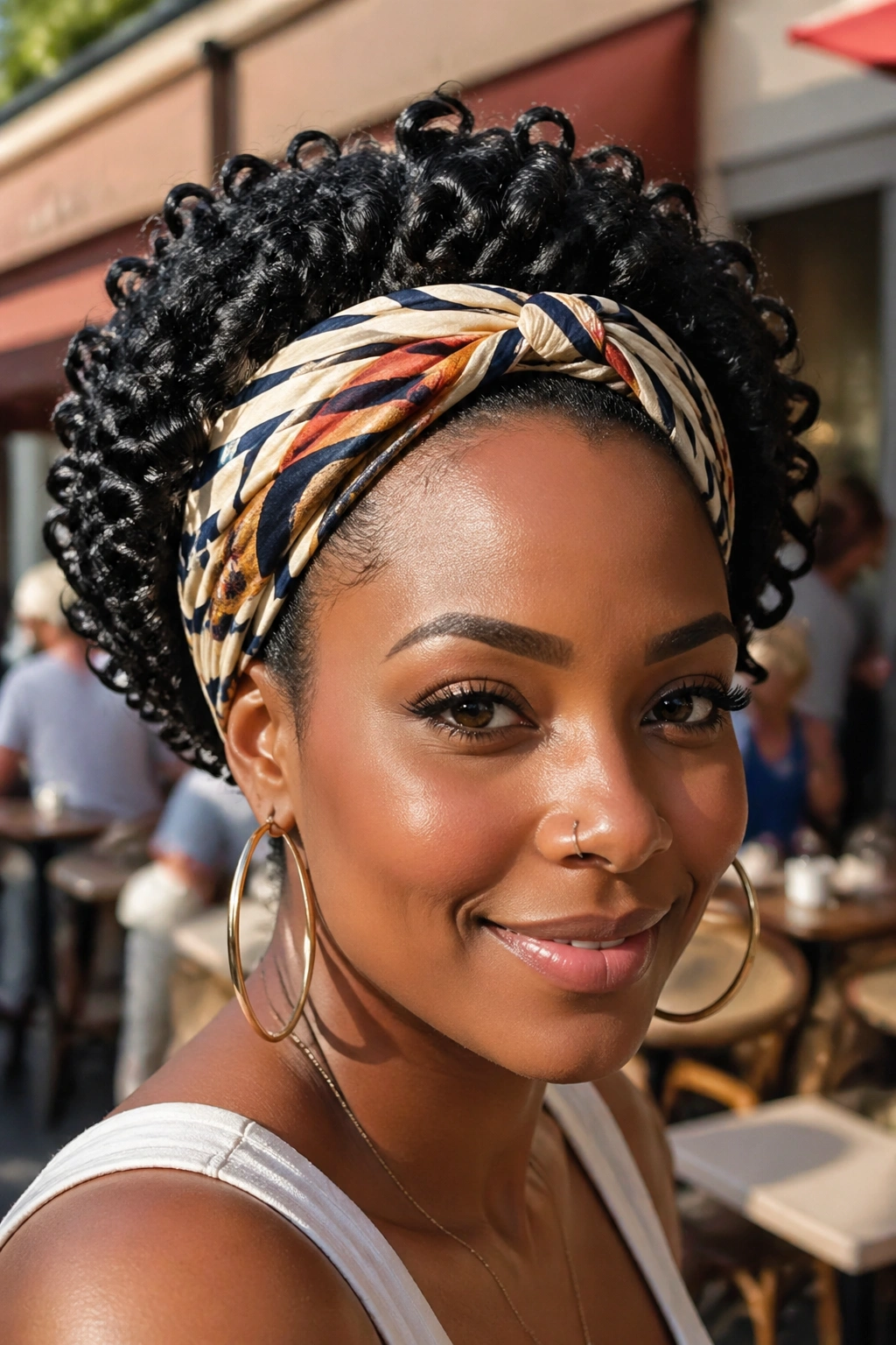 Portrait of a real person wearing a scarf/headband with curly crochet hair