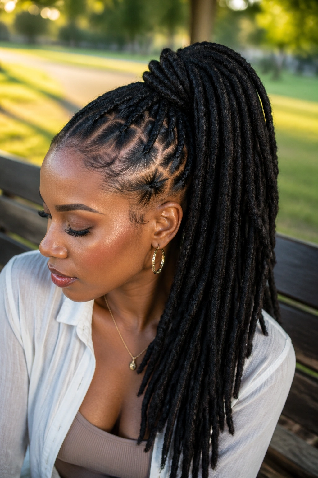 Close-up of real woman with a crochet-attached loc ponytail extension.